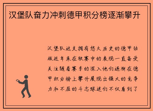 汉堡队奋力冲刺德甲积分榜逐渐攀升