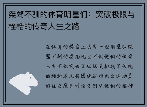 桀骜不驯的体育明星们：突破极限与桎梏的传奇人生之路